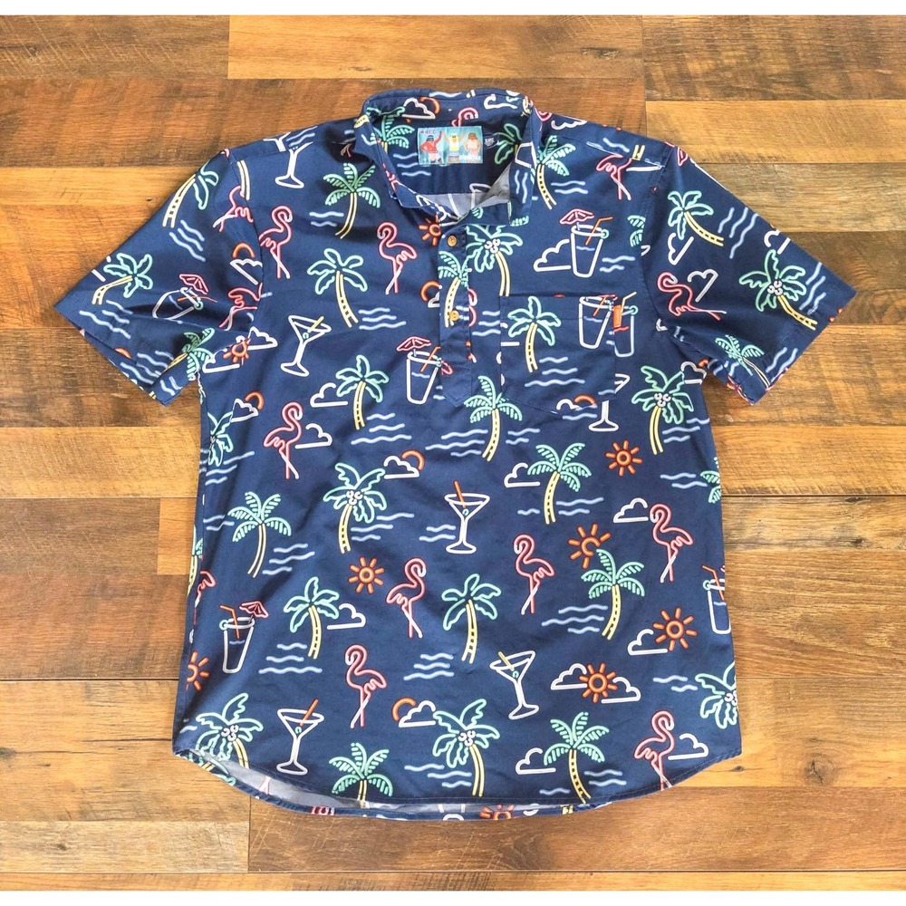 Chubbies Popover Shirt Mens XL Navy Neon Flamingo Palm Tree Print Short Sleeve